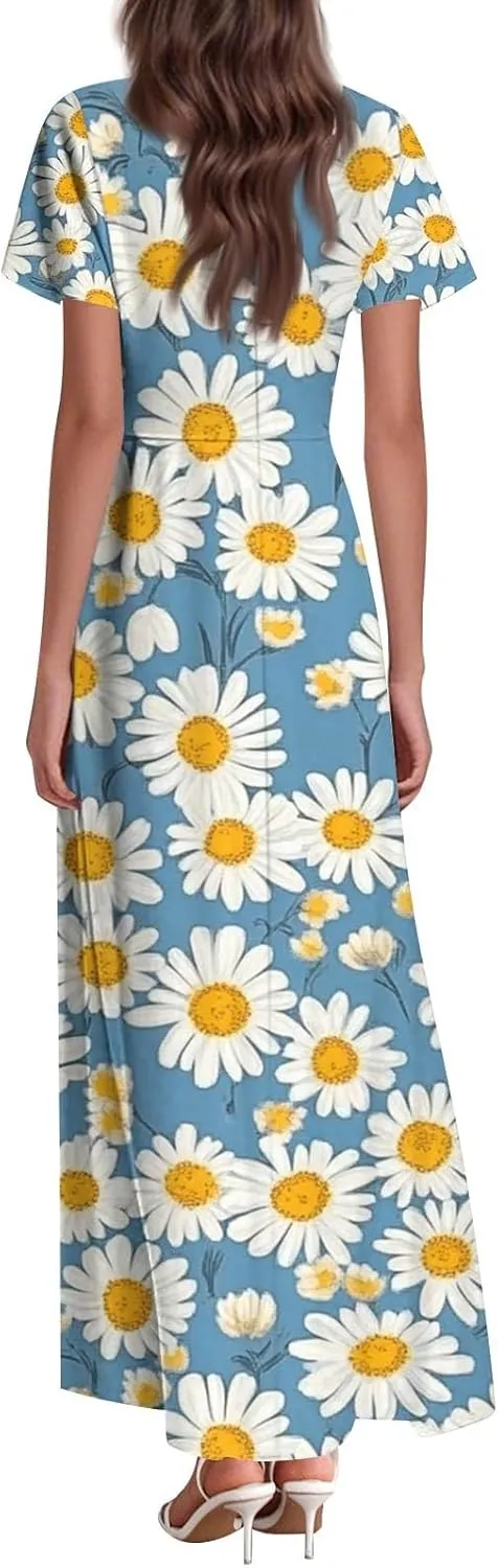 Aline Dresses for Women 2025 Spring Sundress V Neck Short Sleeve Floral Wrap Ruffle Boho Maxi Wedding Guest Dress, Xs-2Xl