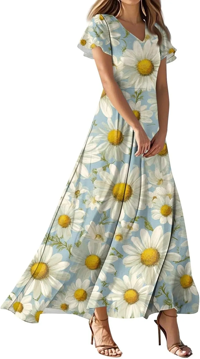 Aline Dresses for Women 2025 Spring Sundress V Neck Short Sleeve Floral Wrap Ruffle Boho Maxi Wedding Guest Dress, Xs-2Xl