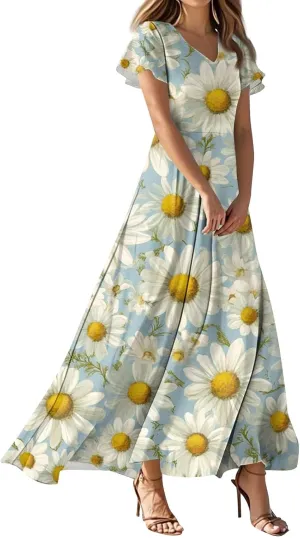 Aline Dresses for Women 2025 Spring Sundress V Neck Short Sleeve Floral Wrap Ruffle Boho Maxi Wedding Guest Dress, Xs-2Xl