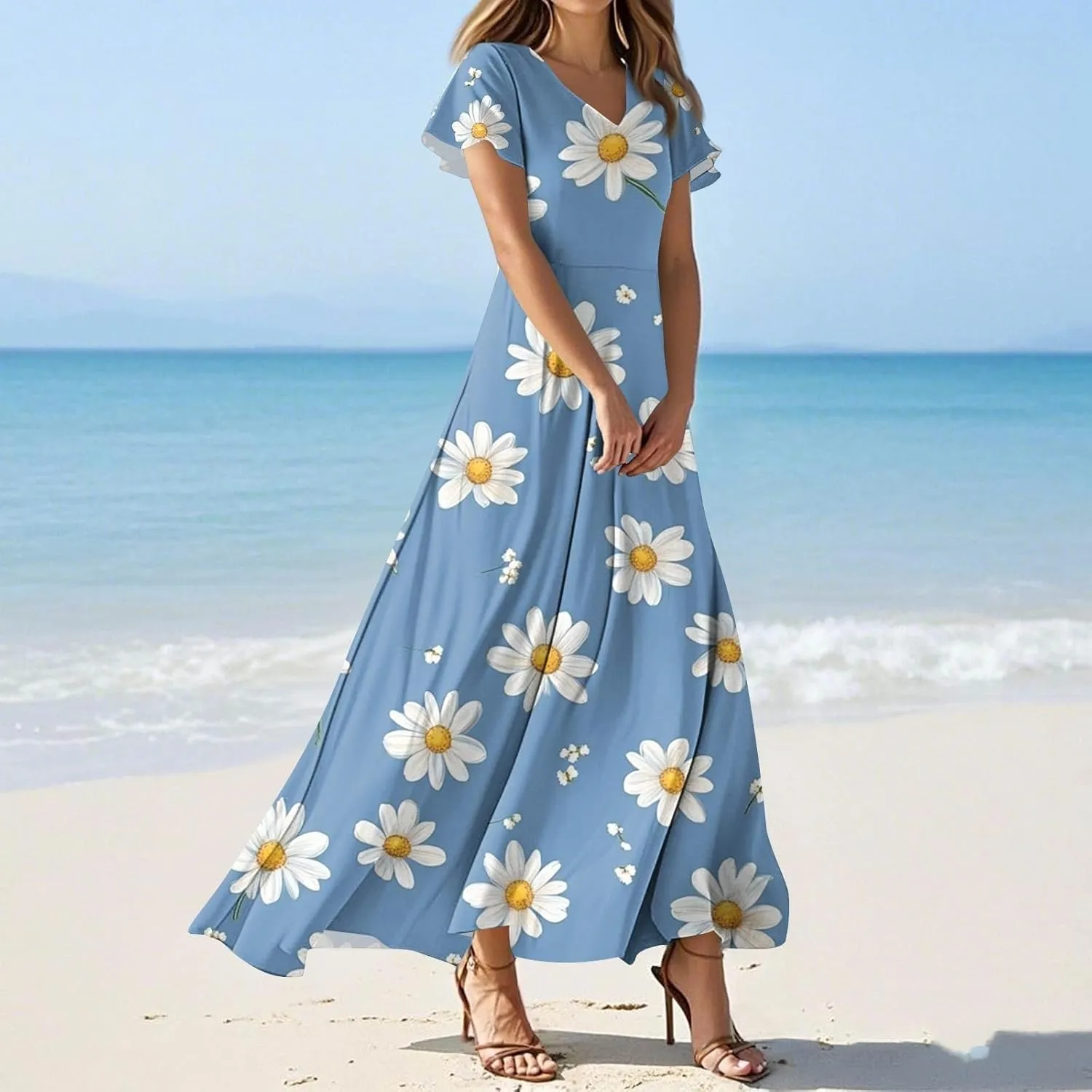 Aline Dresses for Women 2025 Spring Sundress V Neck Short Sleeve Floral Wrap Ruffle Boho Maxi Wedding Guest Dress, Xs-2Xl