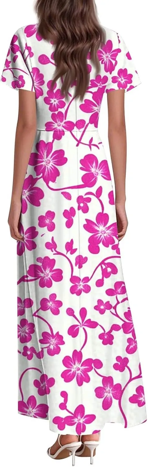 Aline Dresses for Women 2025 Spring Sundress V Neck Short Sleeve Floral Wrap Ruffle Boho Maxi Wedding Guest Dress, Xs-2Xl