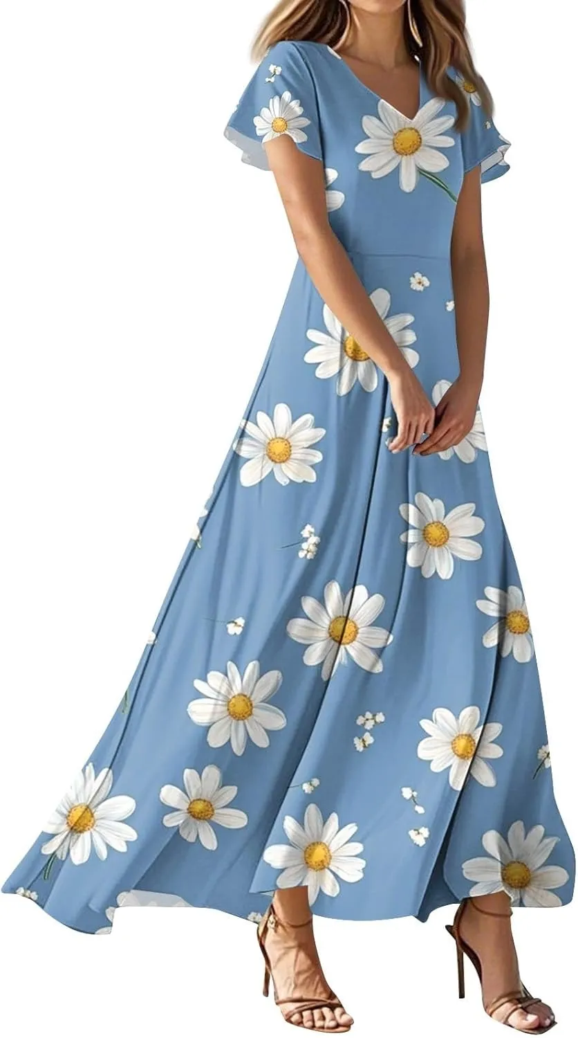 Aline Dresses for Women 2025 Spring Sundress V Neck Short Sleeve Floral Wrap Ruffle Boho Maxi Wedding Guest Dress, Xs-2Xl