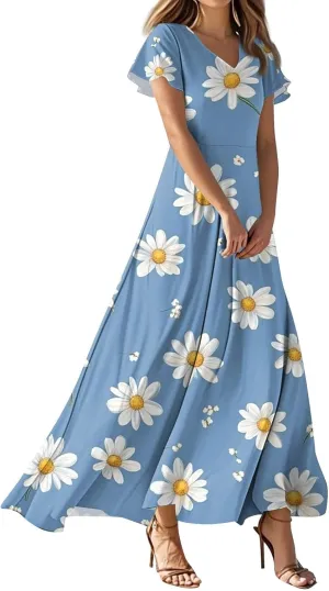 Aline Dresses for Women 2025 Spring Sundress V Neck Short Sleeve Floral Wrap Ruffle Boho Maxi Wedding Guest Dress, Xs-2Xl
