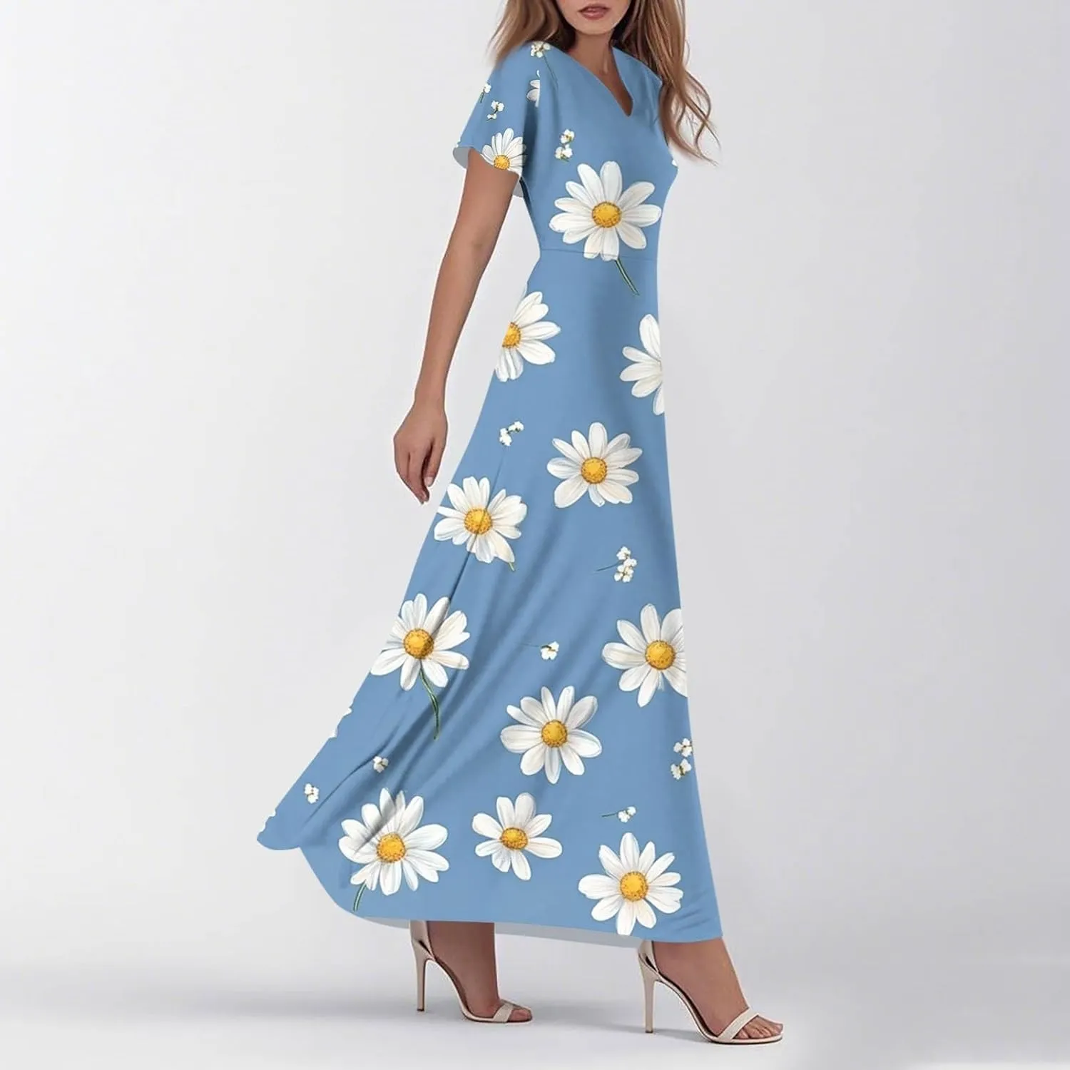 Aline Dresses for Women 2025 Spring Sundress V Neck Short Sleeve Floral Wrap Ruffle Boho Maxi Wedding Guest Dress, Xs-2Xl