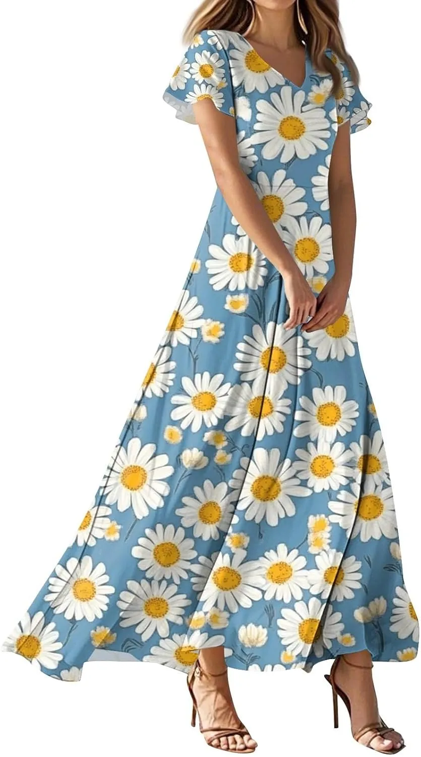 Aline Dresses for Women 2025 Spring Sundress V Neck Short Sleeve Floral Wrap Ruffle Boho Maxi Wedding Guest Dress, Xs-2Xl