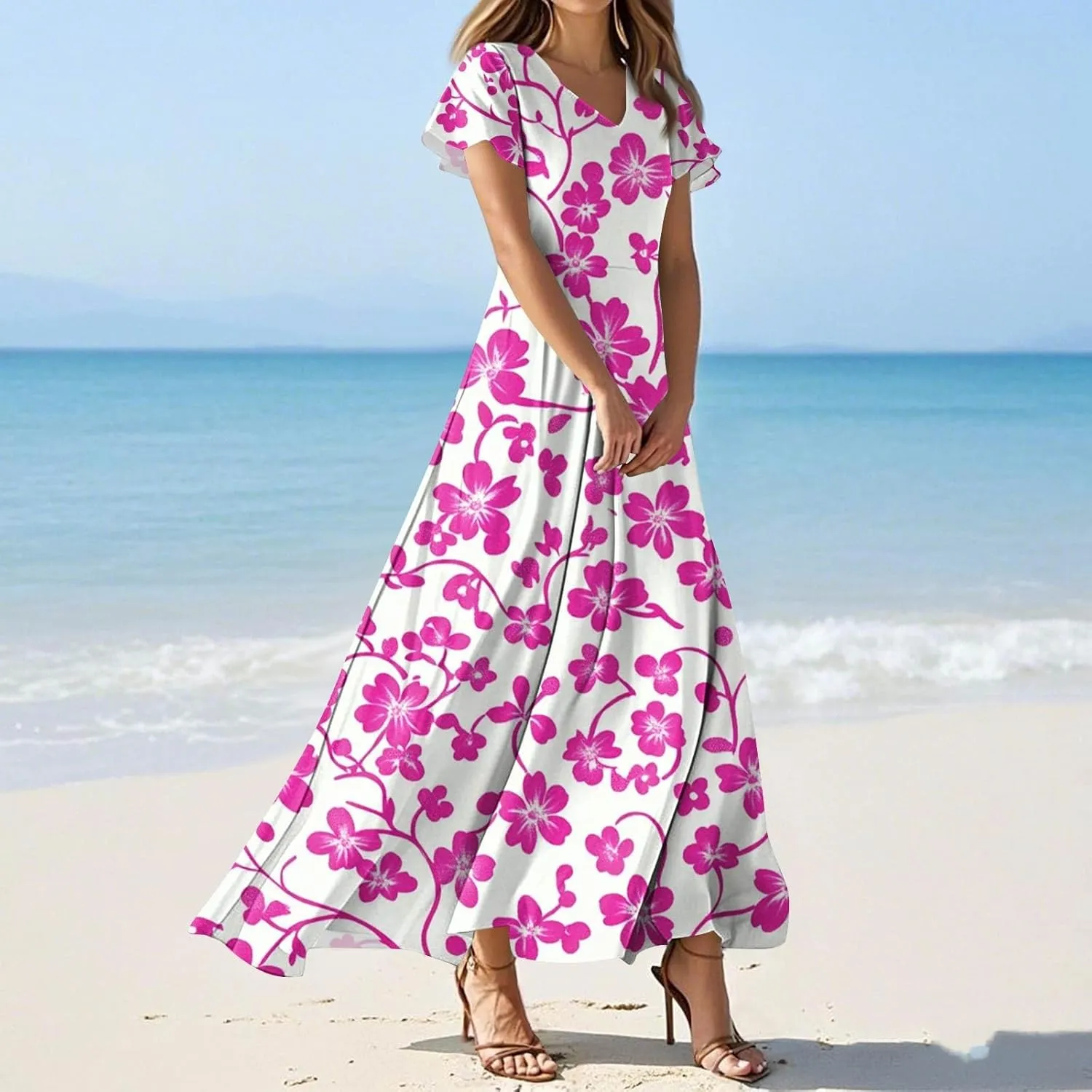 Aline Dresses for Women 2025 Spring Sundress V Neck Short Sleeve Floral Wrap Ruffle Boho Maxi Wedding Guest Dress, Xs-2Xl
