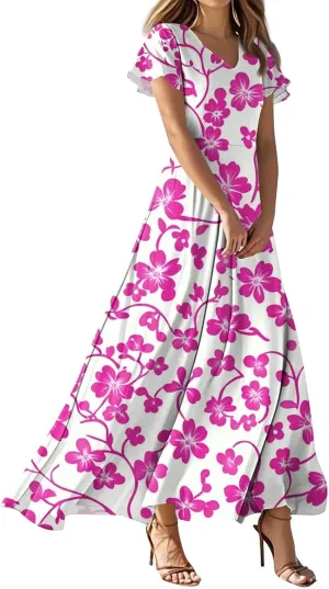 Aline Dresses for Women 2025 Spring Sundress V Neck Short Sleeve Floral Wrap Ruffle Boho Maxi Wedding Guest Dress, Xs-2Xl
