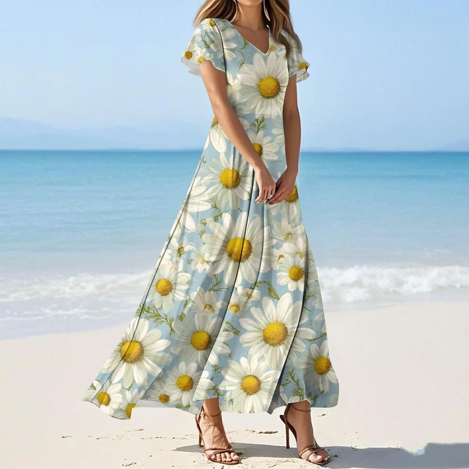 Aline Dresses for Women 2025 Spring Sundress V Neck Short Sleeve Floral Wrap Ruffle Boho Maxi Wedding Guest Dress, Xs-2Xl