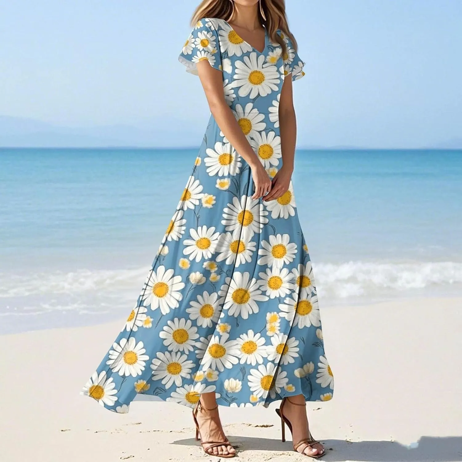 Aline Dresses for Women 2025 Spring Sundress V Neck Short Sleeve Floral Wrap Ruffle Boho Maxi Wedding Guest Dress, Xs-2Xl