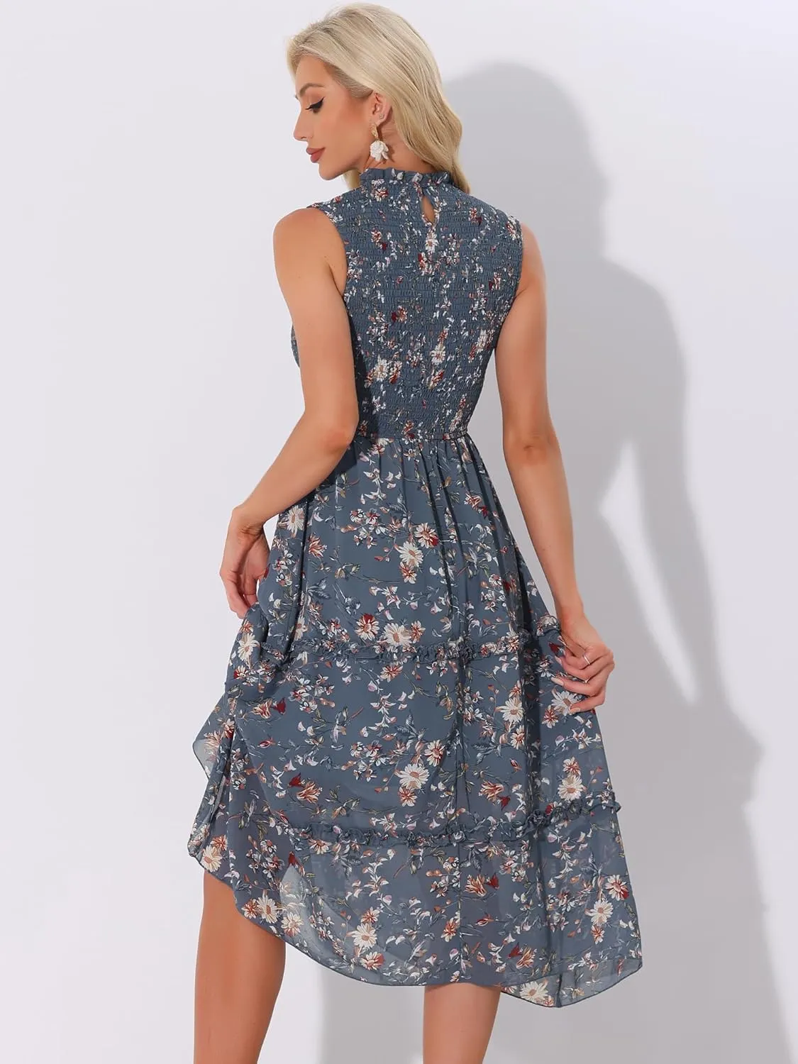 Allegra K Sleeveless Floral Dress for Women's Ruffles Crew Neck Chiffon Smocked Dresses