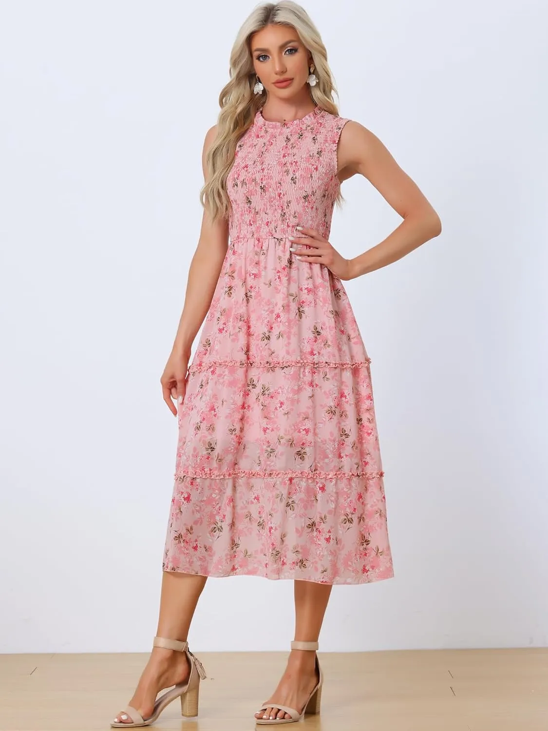 Allegra K Sleeveless Floral Dress for Women's Ruffles Crew Neck Chiffon Smocked Dresses