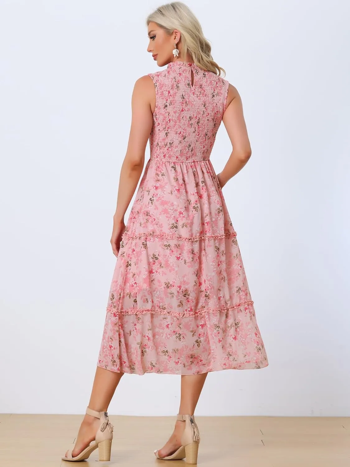Allegra K Sleeveless Floral Dress for Women's Ruffles Crew Neck Chiffon Smocked Dresses