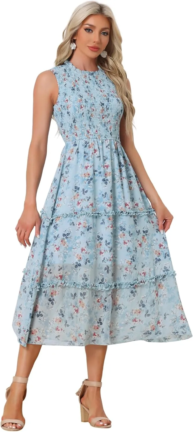 Allegra K Sleeveless Floral Dress for Women's Ruffles Crew Neck Chiffon Smocked Dresses