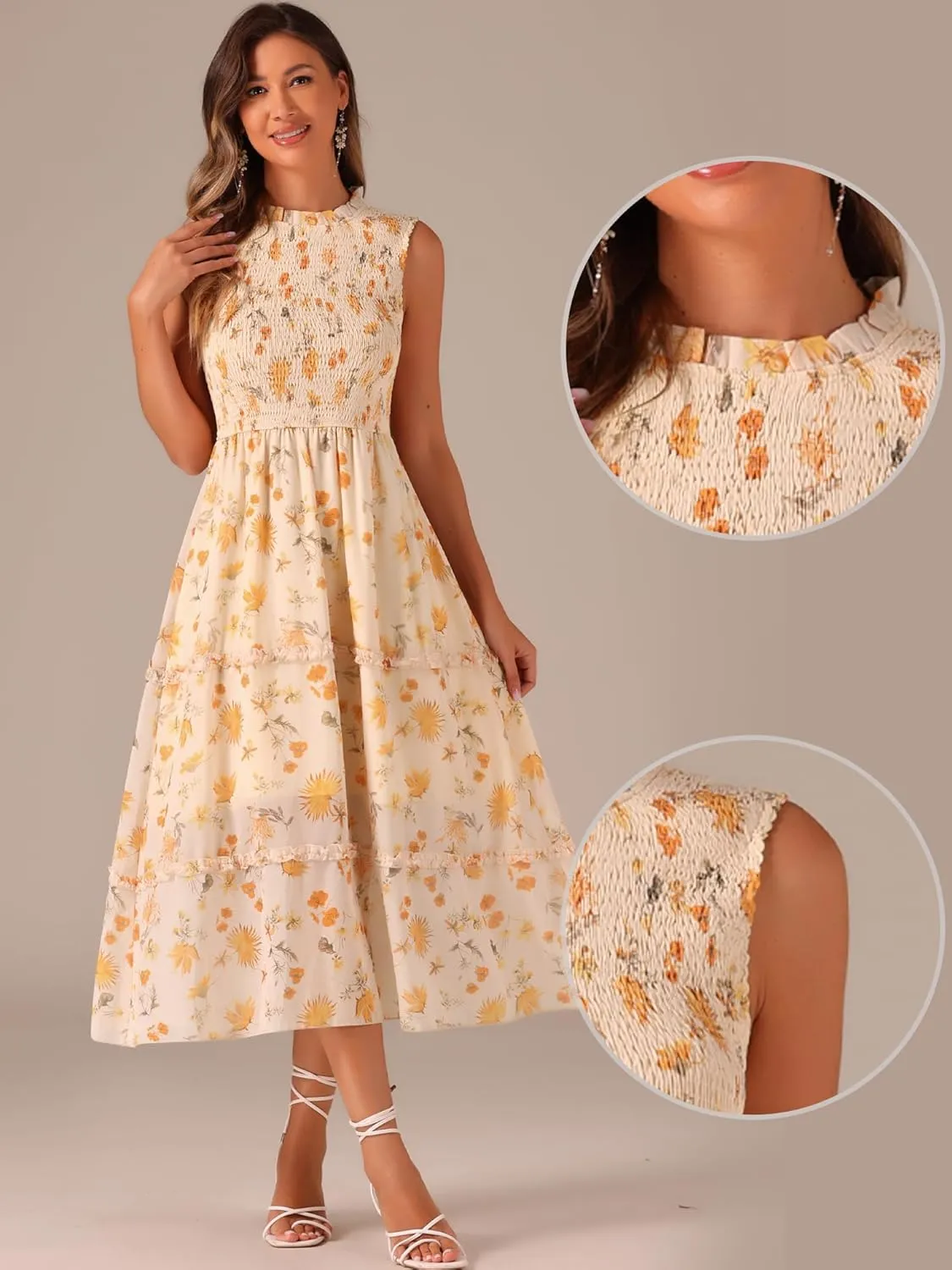 Allegra K Sleeveless Floral Dress for Women's Ruffles Crew Neck Chiffon Smocked Dresses