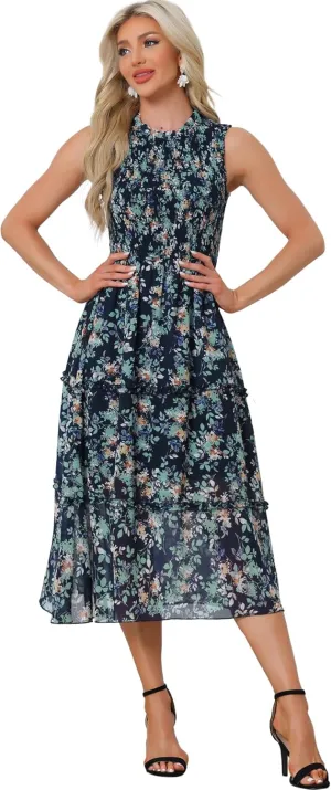 Allegra K Sleeveless Floral Dress for Women's Ruffles Crew Neck Chiffon Smocked Dresses