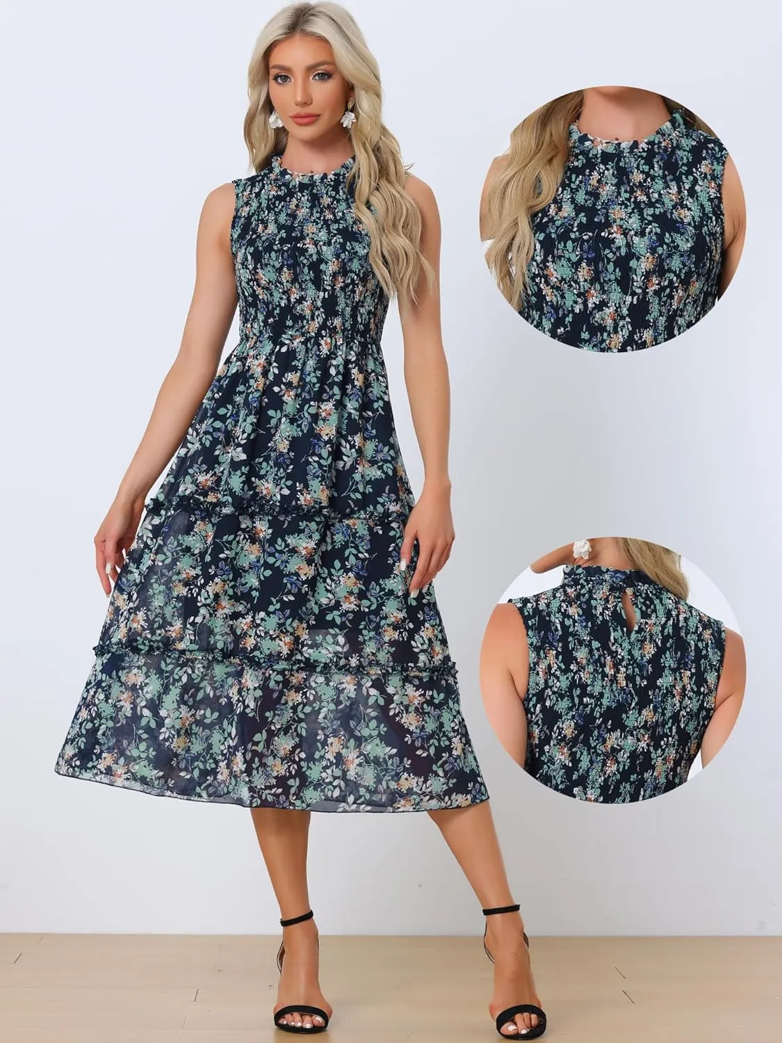 Allegra K Sleeveless Floral Dress for Women's Ruffles Crew Neck Chiffon Smocked Dresses