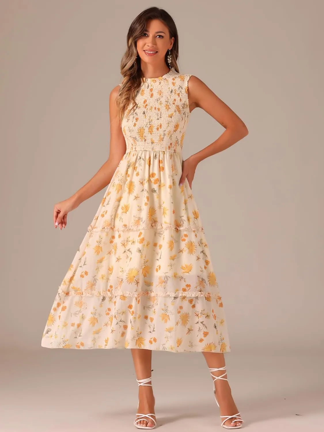 Allegra K Sleeveless Floral Dress for Women's Ruffles Crew Neck Chiffon Smocked Dresses