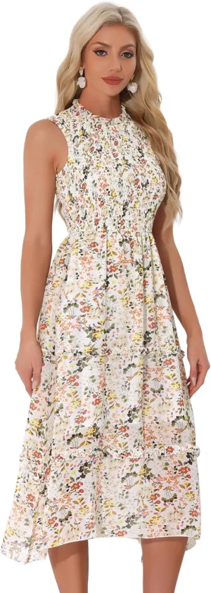 Allegra K Sleeveless Floral Dress for Women's Ruffles Crew Neck Chiffon Smocked Dresses