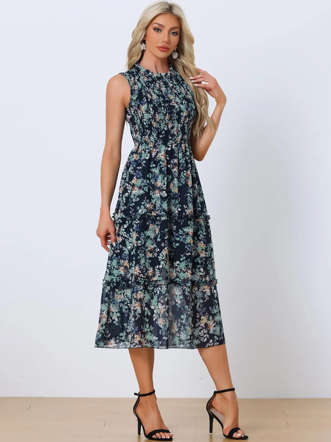 Allegra K Sleeveless Floral Dress for Women's Ruffles Crew Neck Chiffon Smocked Dresses