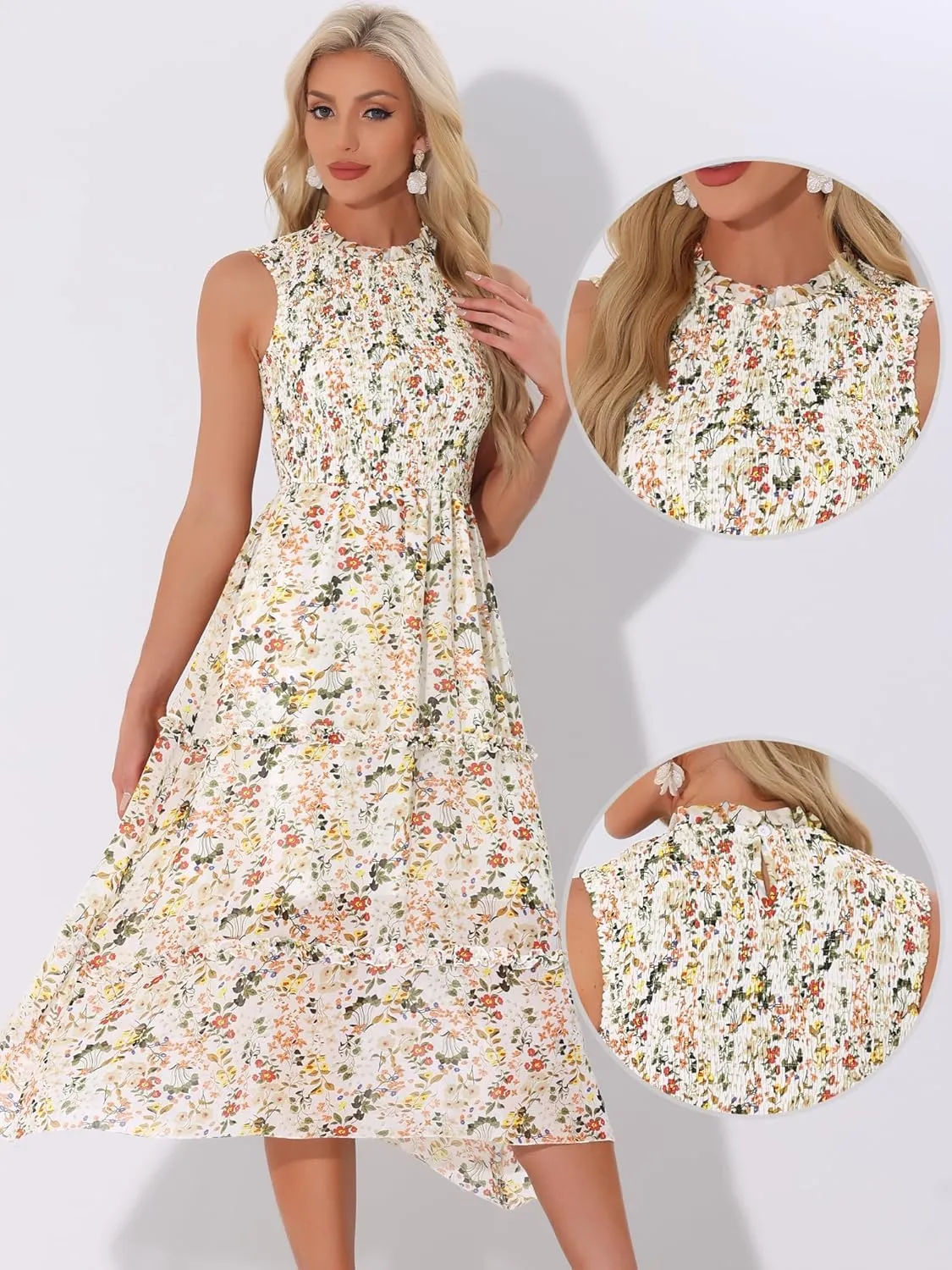 Allegra K Sleeveless Floral Dress for Women's Ruffles Crew Neck Chiffon Smocked Dresses