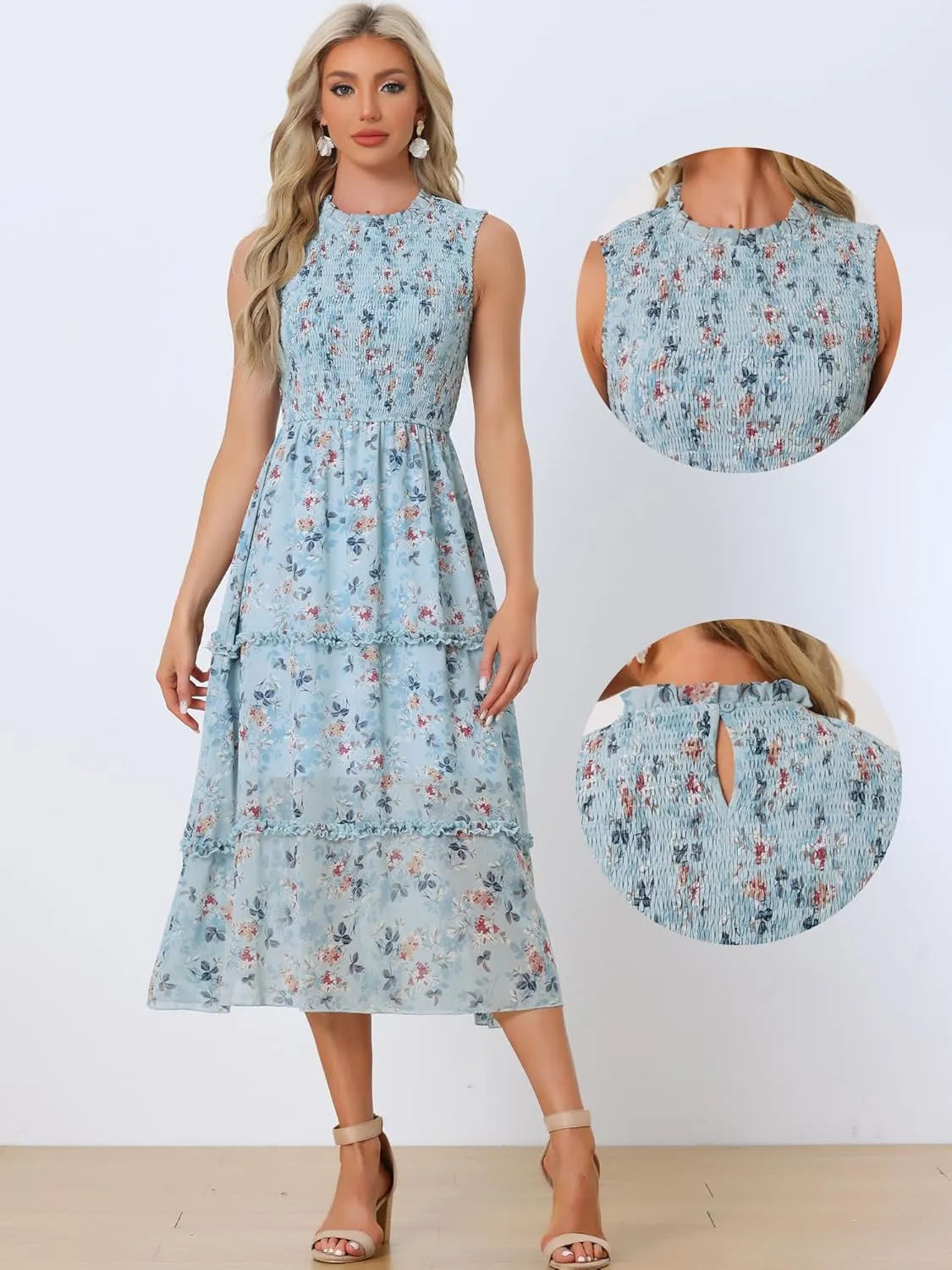 Allegra K Sleeveless Floral Dress for Women's Ruffles Crew Neck Chiffon Smocked Dresses