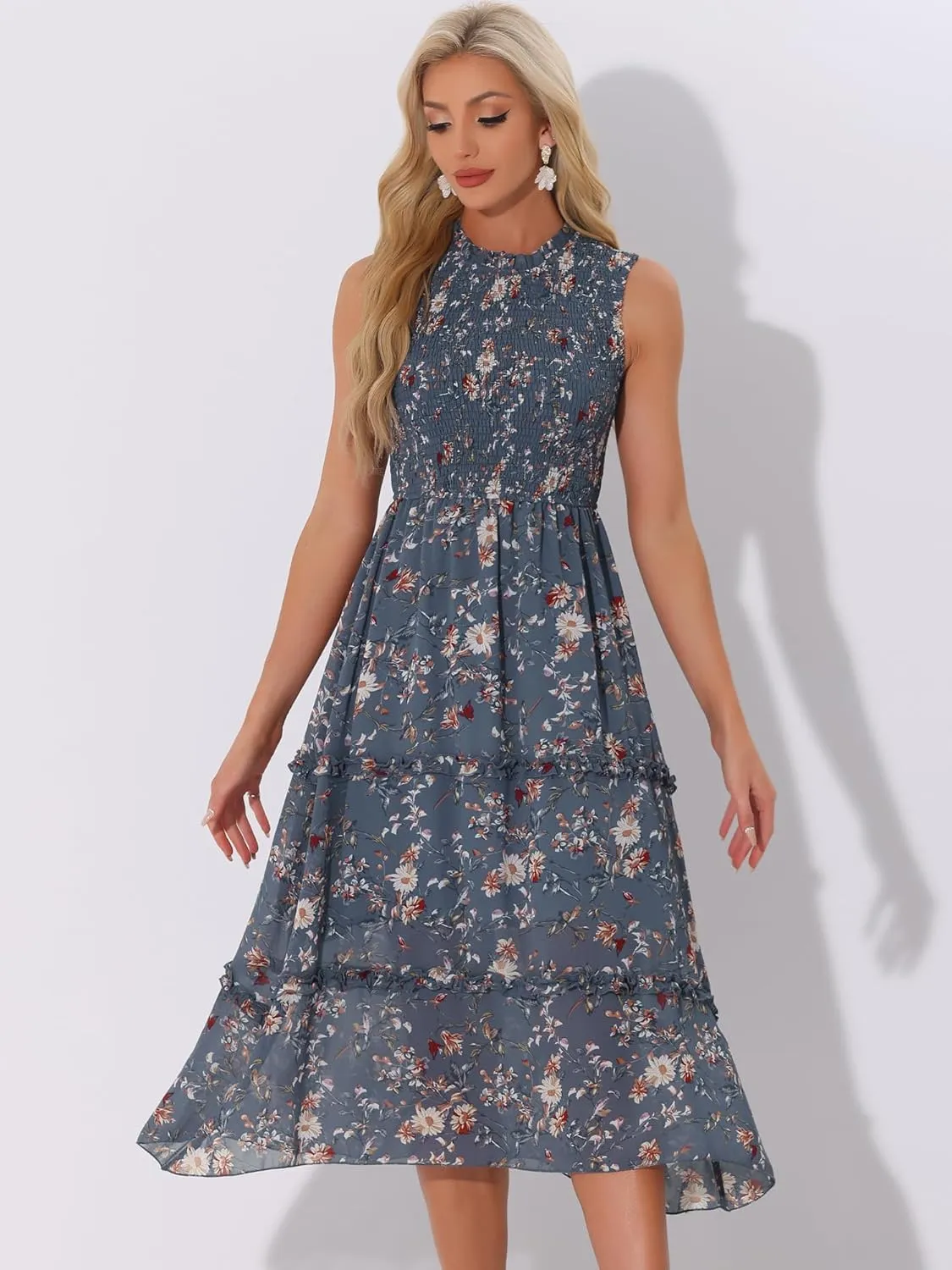 Allegra K Sleeveless Floral Dress for Women's Ruffles Crew Neck Chiffon Smocked Dresses