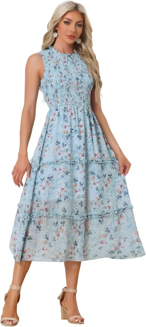 Allegra K Sleeveless Floral Dress for Women's Ruffles Crew Neck Chiffon Smocked Dresses