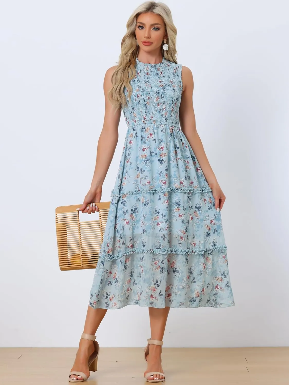 Allegra K Sleeveless Floral Dress for Women's Ruffles Crew Neck Chiffon Smocked Dresses
