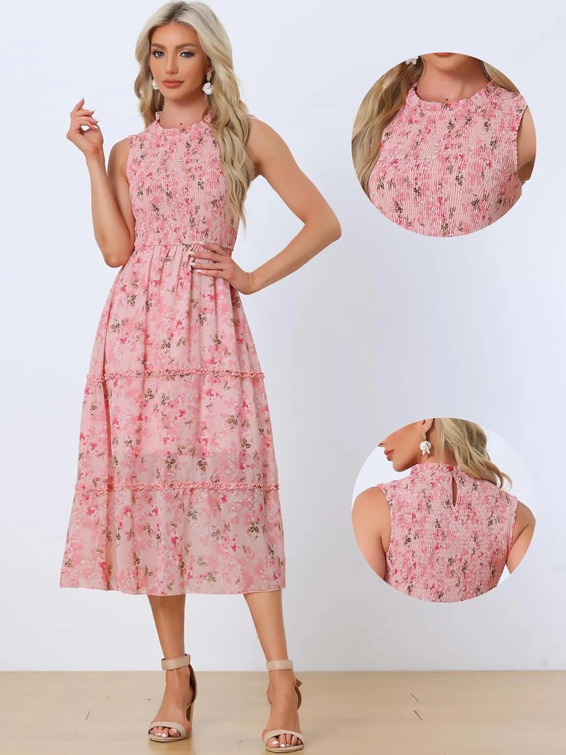 Allegra K Sleeveless Floral Dress for Women's Ruffles Crew Neck Chiffon Smocked Dresses