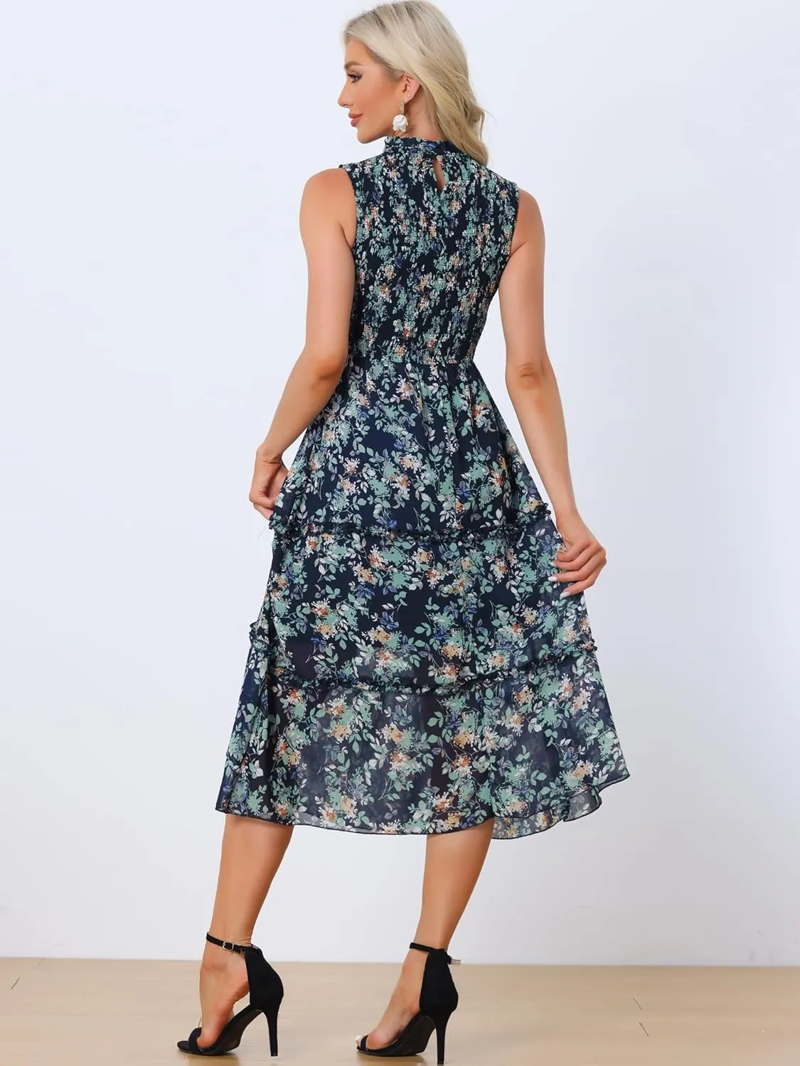 Allegra K Sleeveless Floral Dress for Women's Ruffles Crew Neck Chiffon Smocked Dresses