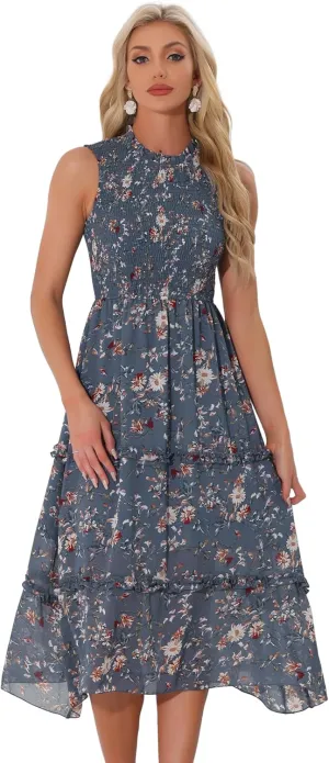 Allegra K Sleeveless Floral Dress for Women's Ruffles Crew Neck Chiffon Smocked Dresses