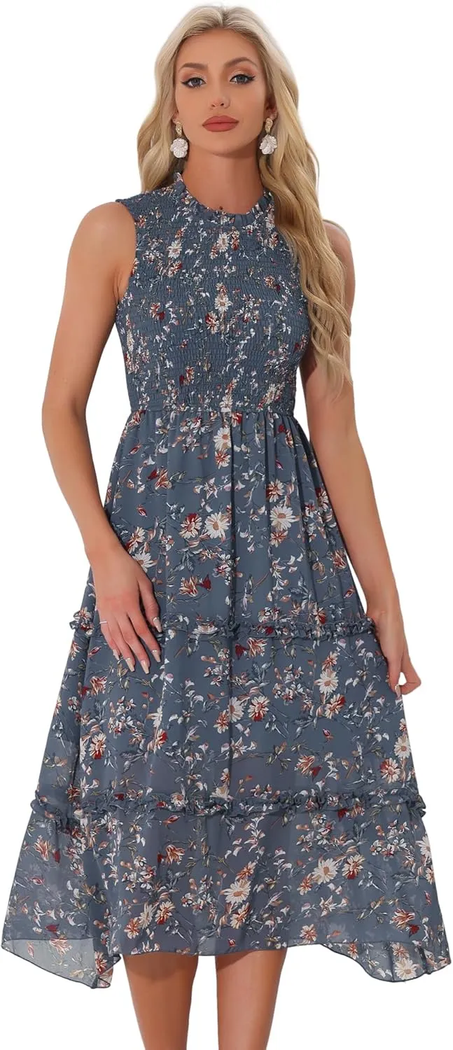 Allegra K Sleeveless Floral Dress for Women's Ruffles Crew Neck Chiffon Smocked Dresses