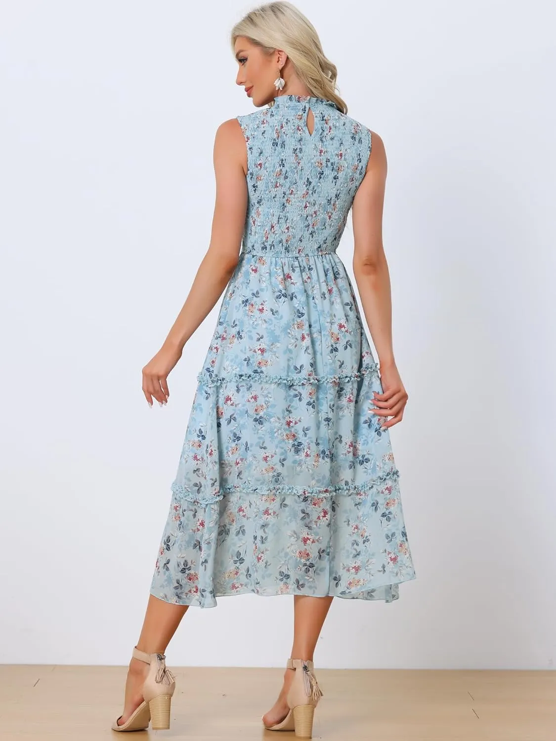 Allegra K Sleeveless Floral Dress for Women's Ruffles Crew Neck Chiffon Smocked Dresses