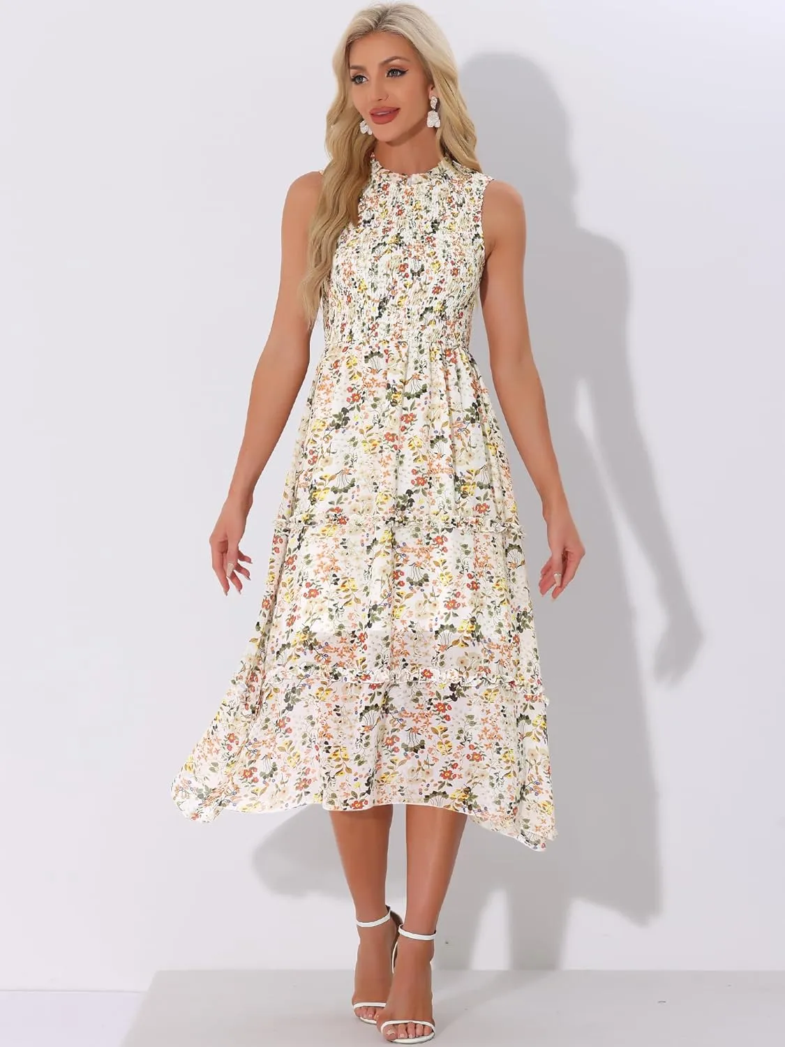 Allegra K Sleeveless Floral Dress for Women's Ruffles Crew Neck Chiffon Smocked Dresses