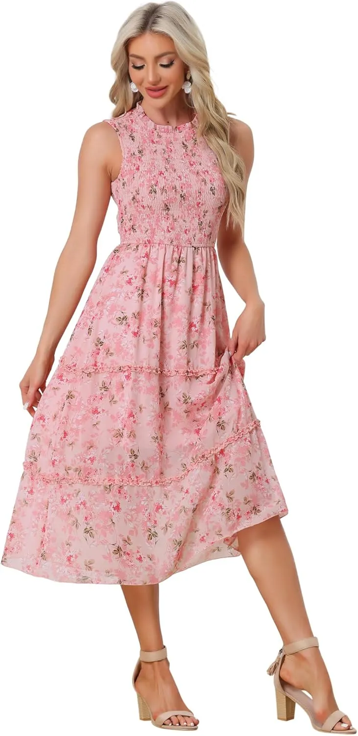 Allegra K Sleeveless Floral Dress for Women's Ruffles Crew Neck Chiffon Smocked Dresses