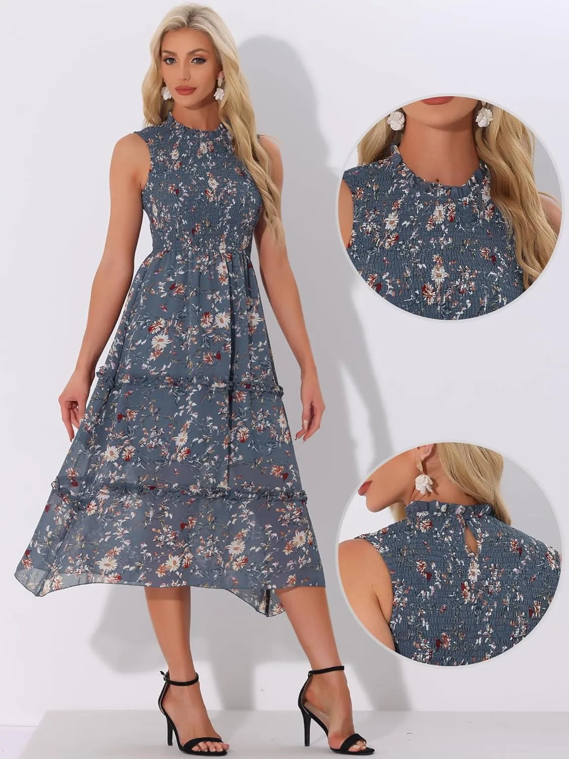 Allegra K Sleeveless Floral Dress for Women's Ruffles Crew Neck Chiffon Smocked Dresses