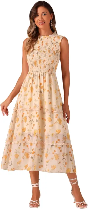 Allegra K Sleeveless Floral Dress for Women's Ruffles Crew Neck Chiffon Smocked Dresses