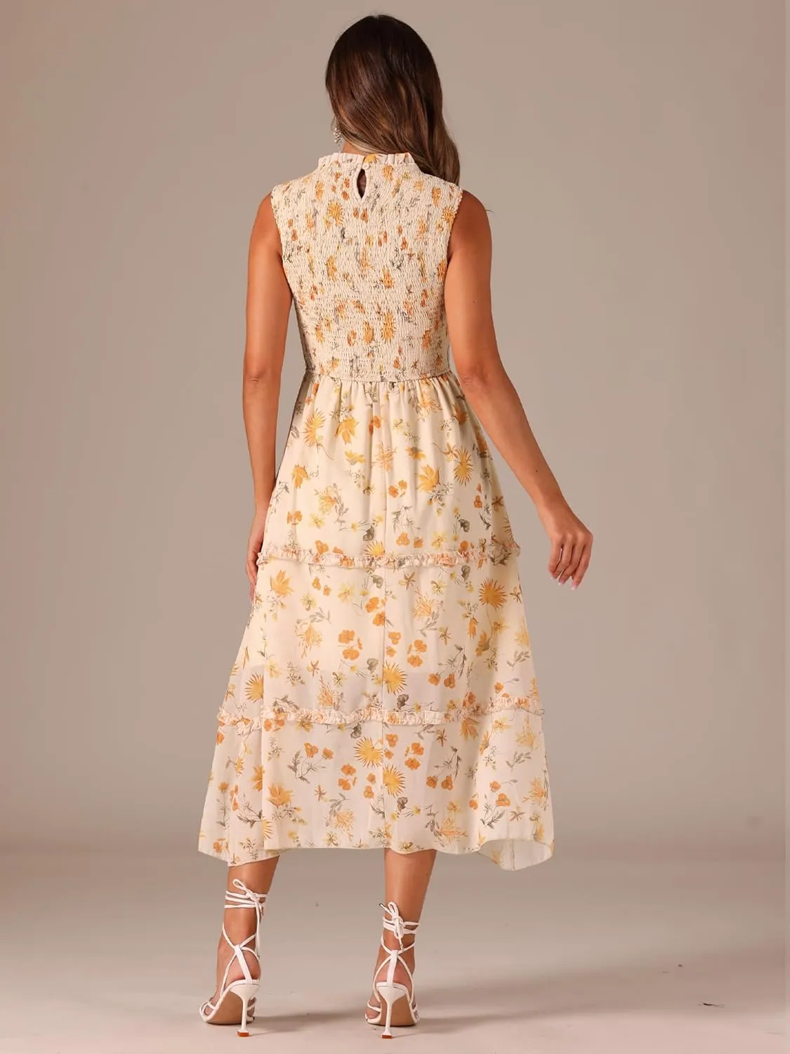 Allegra K Sleeveless Floral Dress for Women's Ruffles Crew Neck Chiffon Smocked Dresses