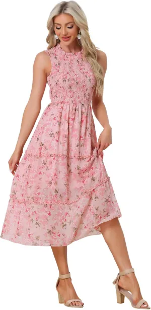 Allegra K Sleeveless Floral Dress for Women's Ruffles Crew Neck Chiffon Smocked Dresses