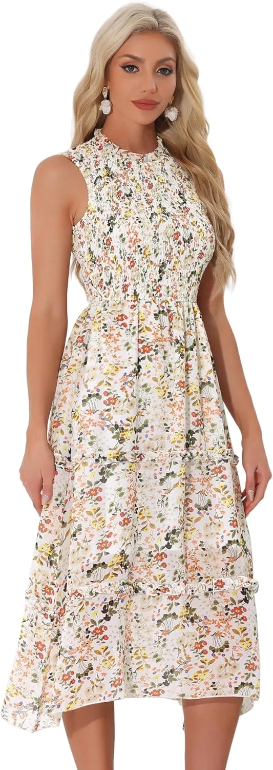 Allegra K Sleeveless Floral Dress for Women's Ruffles Crew Neck Chiffon Smocked Dresses