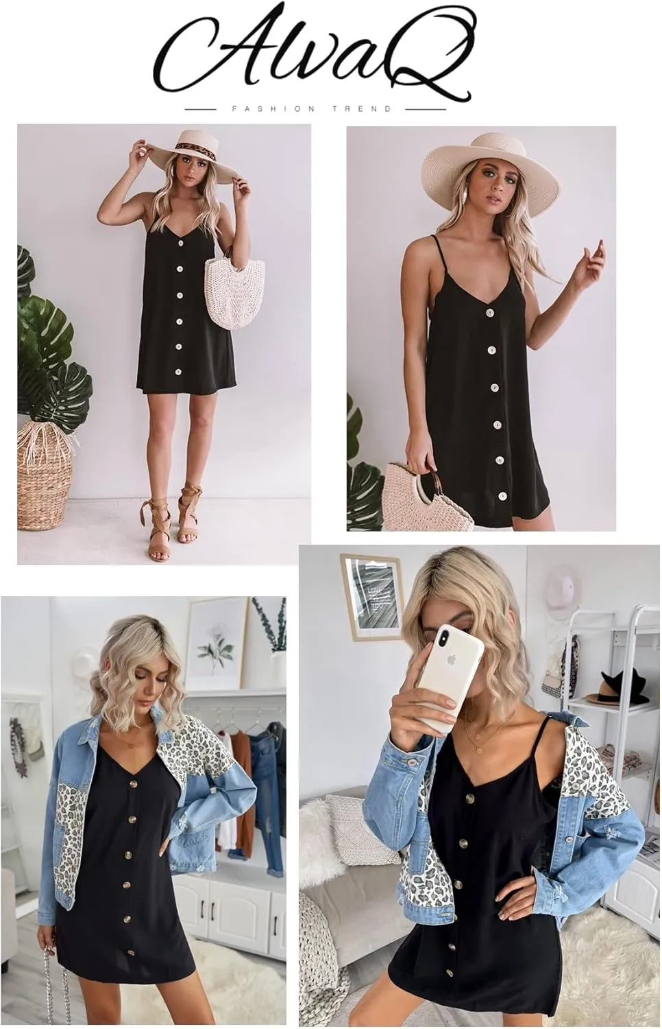 AlvaQ Women Summer Dresses 2024 Strappy Button V Neck Sleeveless Beach Sundress Casual Swing A Line Short Mini Dress