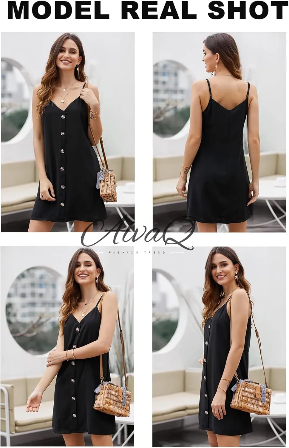 AlvaQ Women Summer Dresses 2024 Strappy Button V Neck Sleeveless Beach Sundress Casual Swing A Line Short Mini Dress
