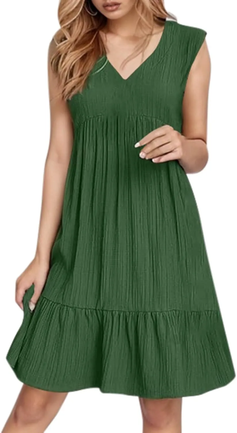 Aniywn Cute Summer Dresses for Women 2025 Vacation V Neck Mini Dresses Casual Flowy Boho Beach Ruffle A Line Swing Sundress
