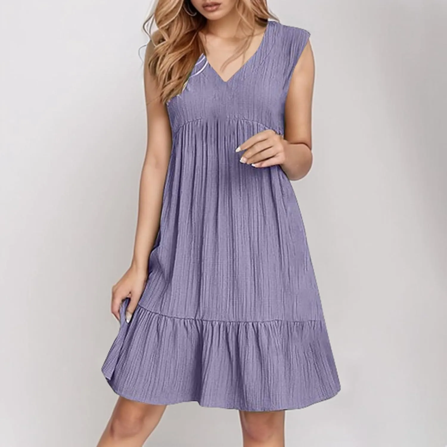 Aniywn Cute Summer Dresses for Women 2025 Vacation V Neck Mini Dresses Casual Flowy Boho Beach Ruffle A Line Swing Sundress