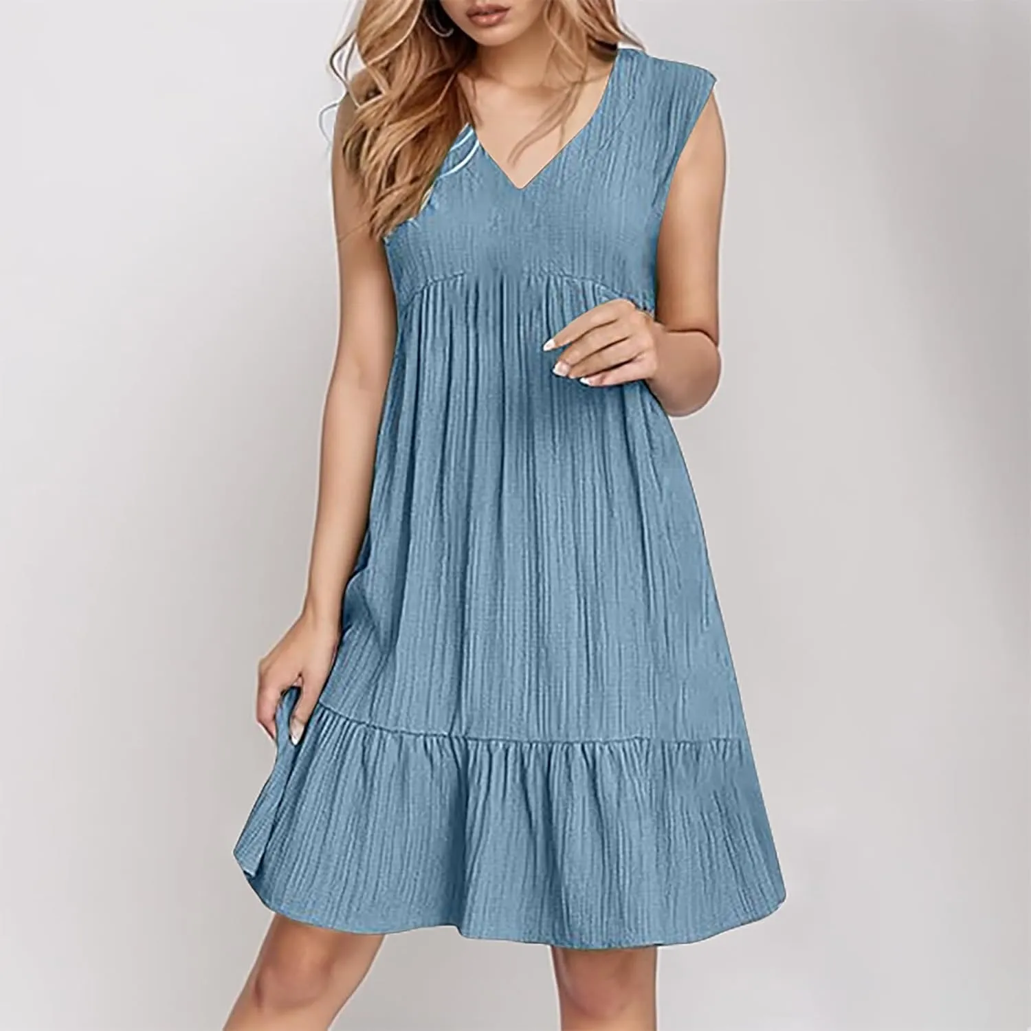Aniywn Cute Summer Dresses for Women 2025 Vacation V Neck Mini Dresses Casual Flowy Boho Beach Ruffle A Line Swing Sundress