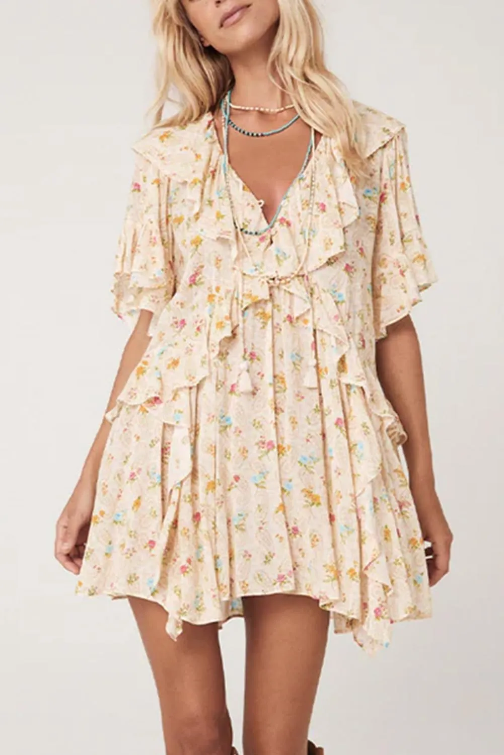 Apvirdy Women's Floral Print Cowgirl Mini Dresses Tassel Tie V Neck Ruffle Short Sleeve V Neck Trendy Loose Dresses