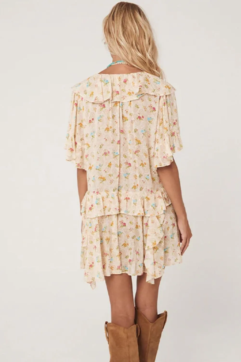Apvirdy Women's Floral Print Cowgirl Mini Dresses Tassel Tie V Neck Ruffle Short Sleeve V Neck Trendy Loose Dresses