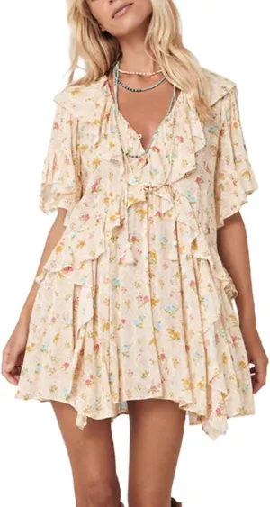 Apvirdy Women's Floral Print Cowgirl Mini Dresses Tassel Tie V Neck Ruffle Short Sleeve V Neck Trendy Loose Dresses