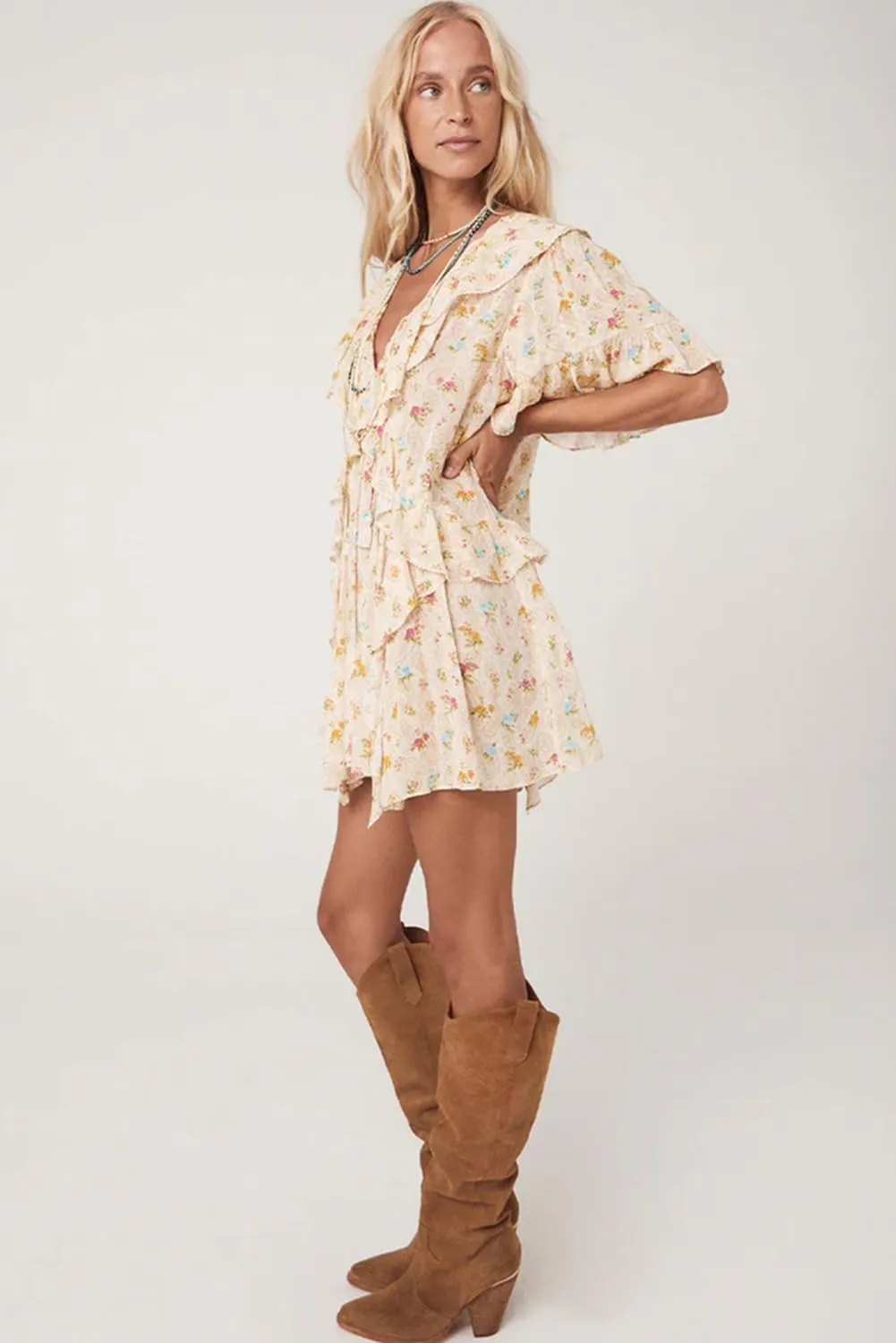 Apvirdy Women's Floral Print Cowgirl Mini Dresses Tassel Tie V Neck Ruffle Short Sleeve V Neck Trendy Loose Dresses