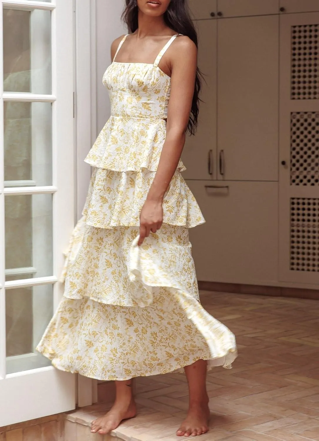 Argeousgor Womens Floral Print Maxi Dresses Tiered Ruffles Long Dress Spaghetti Strap Sleeveless Flowy Layered Sundress
